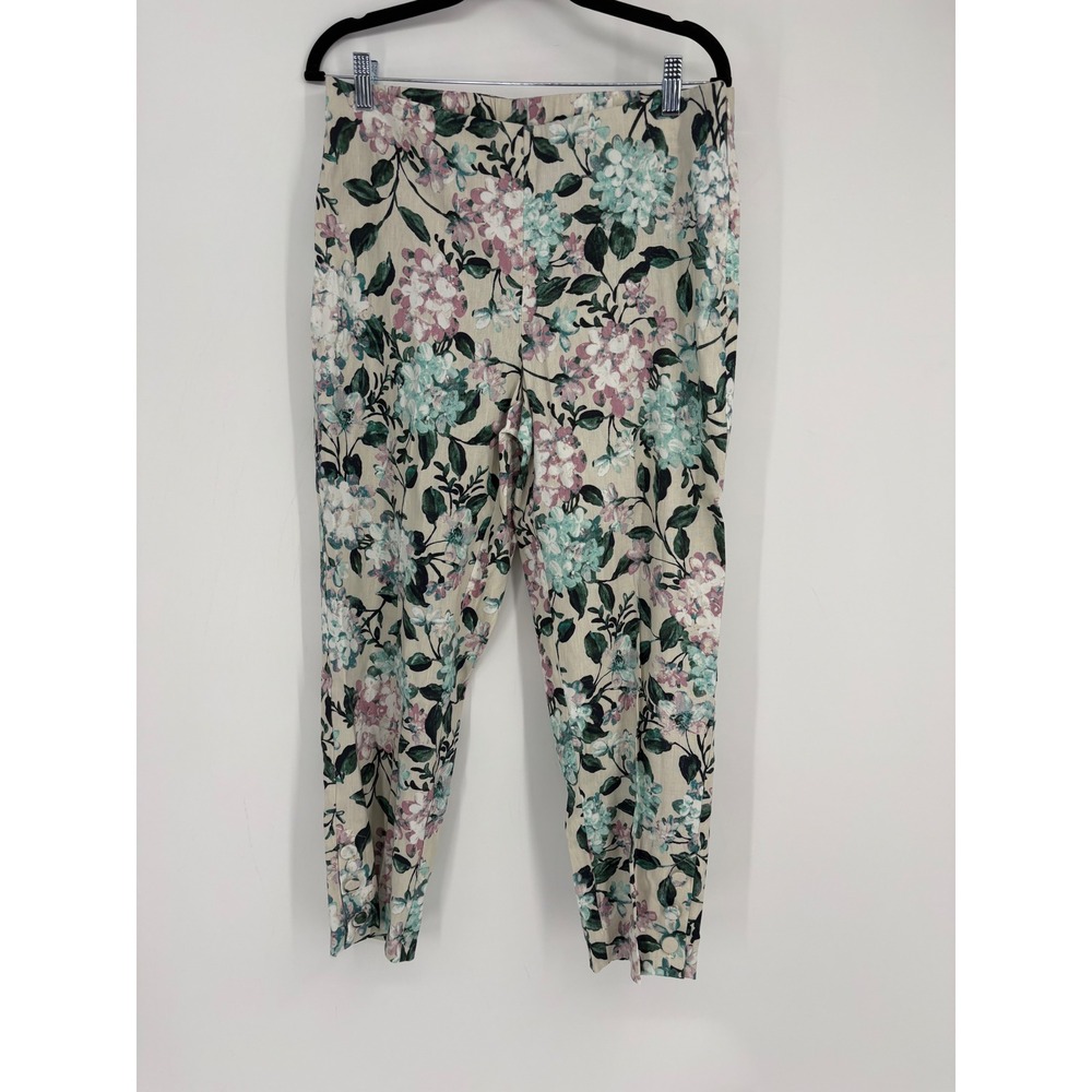 J. Jill Pants Women M Oatmeal Floral Linen Stretch Ankle Hydrangea Print NEW